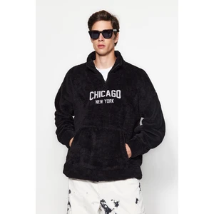 Trendyol Black Men's Oversize/Wide-Fit Zippered Stand Collar City Embroidery Thick Fleece/Plush Sweatshirt.
