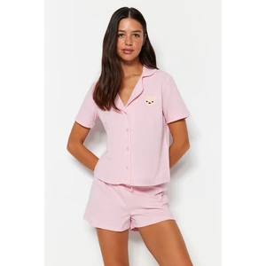 Trendyol Light Pink Cotton Teddy Bear Embroidered Shirt-Shorts Knitted Pajamas Set