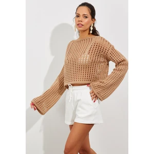 Cool & Sexy Women's Camel Spanish Knitwear Short Blouse with Openwork Sleeves