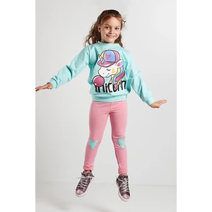 Denokids Bubble Unicorn Girl Child Blue Sweatshirt Pink Leggings Set.