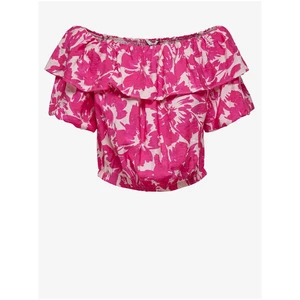 White-pink floral cropped blouse with ruffle ONLY Petra - Women