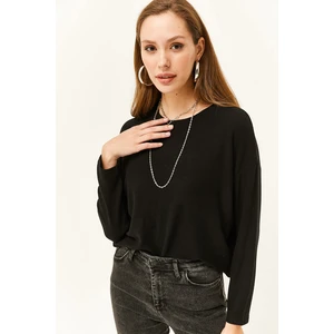 Olalook Women's Solid Black Crew Neck Bat Soft Textured Blouse