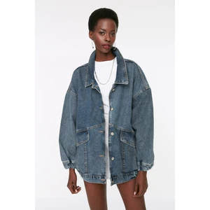 Trendyol Dark Blue Pocket Detailed Oversize Denim Jacket