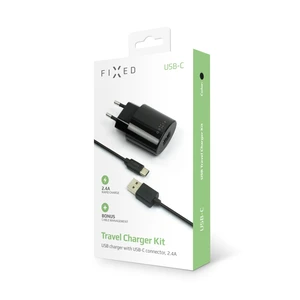 Set síťové nabíječky FIXED s USB výstupem a USB/USB-C kabelu, 1 metr, 12W, černá