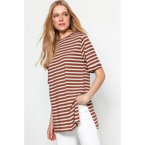 Trendyol Brown Striped Slit Detailed Oversized/Wide Fit Crew Neck Knitted T-Shirt