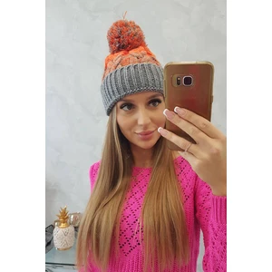 Beanie with pompom Abigail K326 grey + orange neon