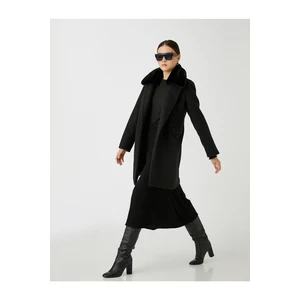 Koton Double Breasted Cachet Coat with Pocket Detailed and Plush Detachable Collar.