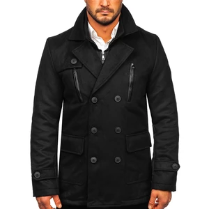 Černý pánský dvouřadový kabát s odepínacím stojáčkovým límcem Bolf M3143