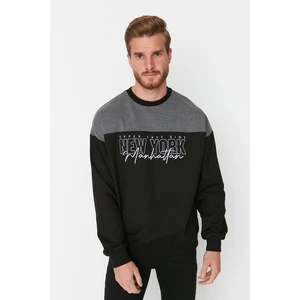 Trendyol Black Men's Oversize Fit Long Sleeve Crew Neck Paneled Printed Sweatshirt