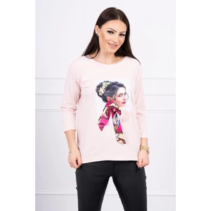 Blouse with graphics and colorful bow 3D powdered pink