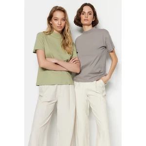 Trendyol Mint Upright Collar 2 Pack Basic Dziane Tshirt T-Shirt