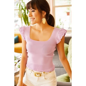 Olalook Women's Lilac Sleeves Frilly Summer Knitwear Blouse