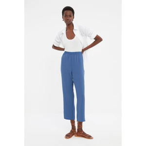 Trendyol Navy Blue Straight Cut High Waist Woven Trousers with Elastic Waist