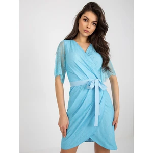 Light blue lace cocktail dress with belt