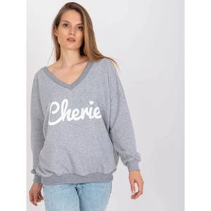 Gray and white oversize sweatshirt with a print and a V-neck