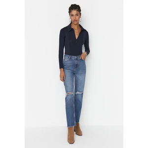 Trendyol Blue Ripped Detailed High Waist Bootcut Jeans