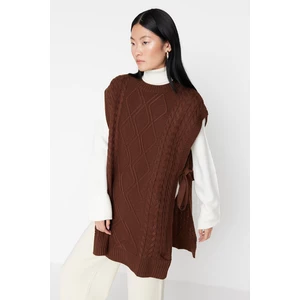Trendyol Dark Brown Tie Waist, Knitted Tricot Sweater