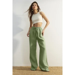 Trendyol Green 100% Linen High Waist Wide Leg Pants with Elastic Waist.