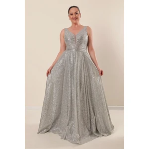 By Saygı Front Back V-Neck Lined Plus Size Mirrored Long Dress Gray
