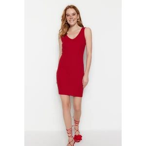 Trendyol Red V-Neck Fitted Ribbed Stretch Mini Knitted Dress