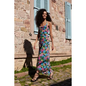 Trendyol Multicolored Floral Pattern Long Evening Dress with Open Waist/Skater Lined