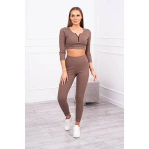 Žebrovaný crop top set mocca