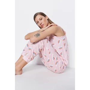 Trendyol Light Pink Rainbow Patterned Singlet-Pants Knitted Pajamas Set.