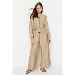 Trendyol Mink Belted Weave Overalls With Stripe Detailed Wide Leg