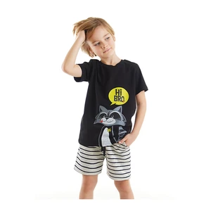 Denokids Raccoon Boys Black T-shirt with Stripes and Shorts Set