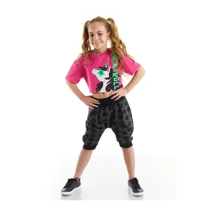 Mushi R&r Unicorn Girls' Crop Top Pink T-shirt Gray Capri Shorts Set.