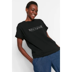 Trendyol Black 100% Cotton Printed Crewneck Boyfriend Knitted T-Shirt
