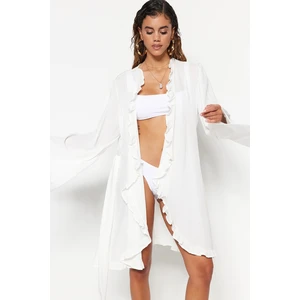 Trendyol Ecru Belted Mini Woven Flywheel Kimono & Caftan