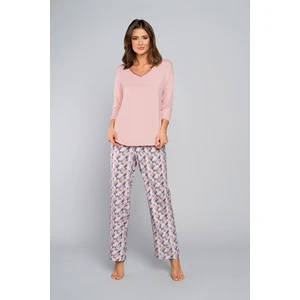 Women's bamboo pyjamas, 3/4 sleeve, long legs - powder pink/print