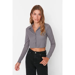 Trendyol Gray Buttoned Fitted/Situated Polo Neck Crepe/Textured Crop Knitted Blouse
