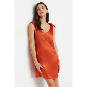 Trendyol Cinnamon Satin V-Neck Dress