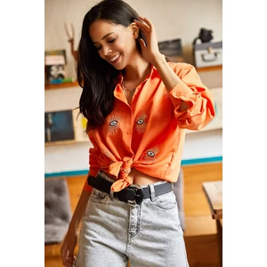 Olalook Women's Orange Woven Boyfriend Shirt with Sequin Detail