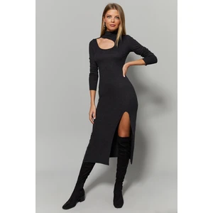 Cool & Sexy Women's Anthracite Collar Windowed Slit Dress Y1984