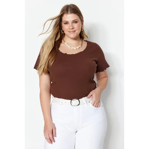 Trendyol Curve Brown Ribbed Knitted U-Neck T-Shirt