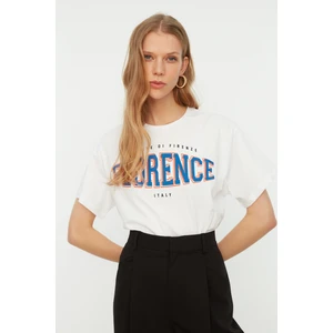 Trendyol White Printed Boyfriend Knitted T-Shirt