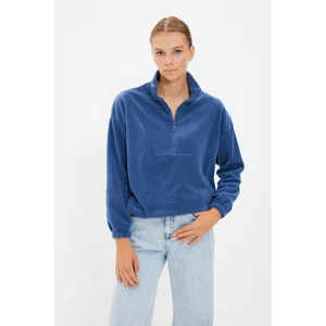 Trendyol Indigo Zipper Detailed Fleece Basic Knitted Sweatshirt