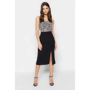 Trendyol Black Drape and Slit Detailed Crepe Midi Knitted Skirt