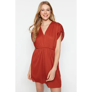 Trendyol Tile Front Back V-Neck Pleated A-Line Mini Knitted Dress