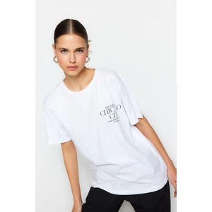 Trendyol White 100% Cotton Front and Back City Printed Boyfriend Crew Neck Knitted T-Shirt