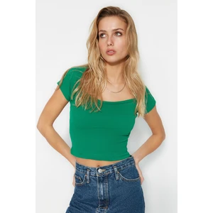 Trendyol Green Fitted/Situated Square Neck Crop Corduroy Stretch Knitted Blouse