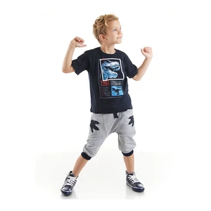 Mushi T-rex Info Boys' Navy Blue T-shirt with Gray Capri Shorts Summer Suit.