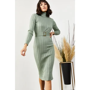 Olalook Women's Aquatic Green with a Belt, Thick Ribbed Sweater Dress