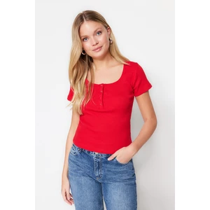 Trendyol Red Ribbon Knitted Blouse with Snap Buttons and Fitted Crewneck Collar