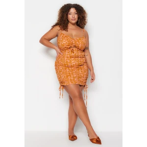 Trendyol Curve Brown Fitted Knitted Window/Cut Out Detailed Dress with Pleats at the Sides