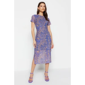 Trendyol Blue Printed Midi Tulle Dress