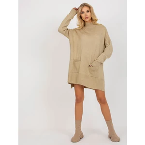Beige long oversize sweater with pockets and turtleneck
